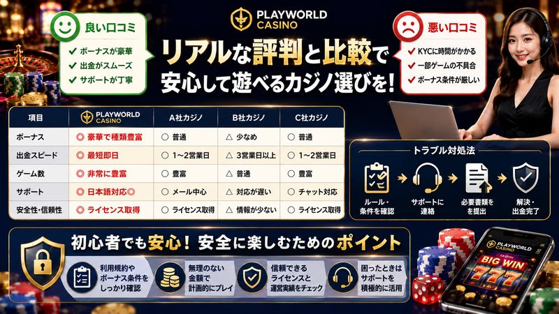 4.プレイワールドカジノの評判・口コミと他社との比較